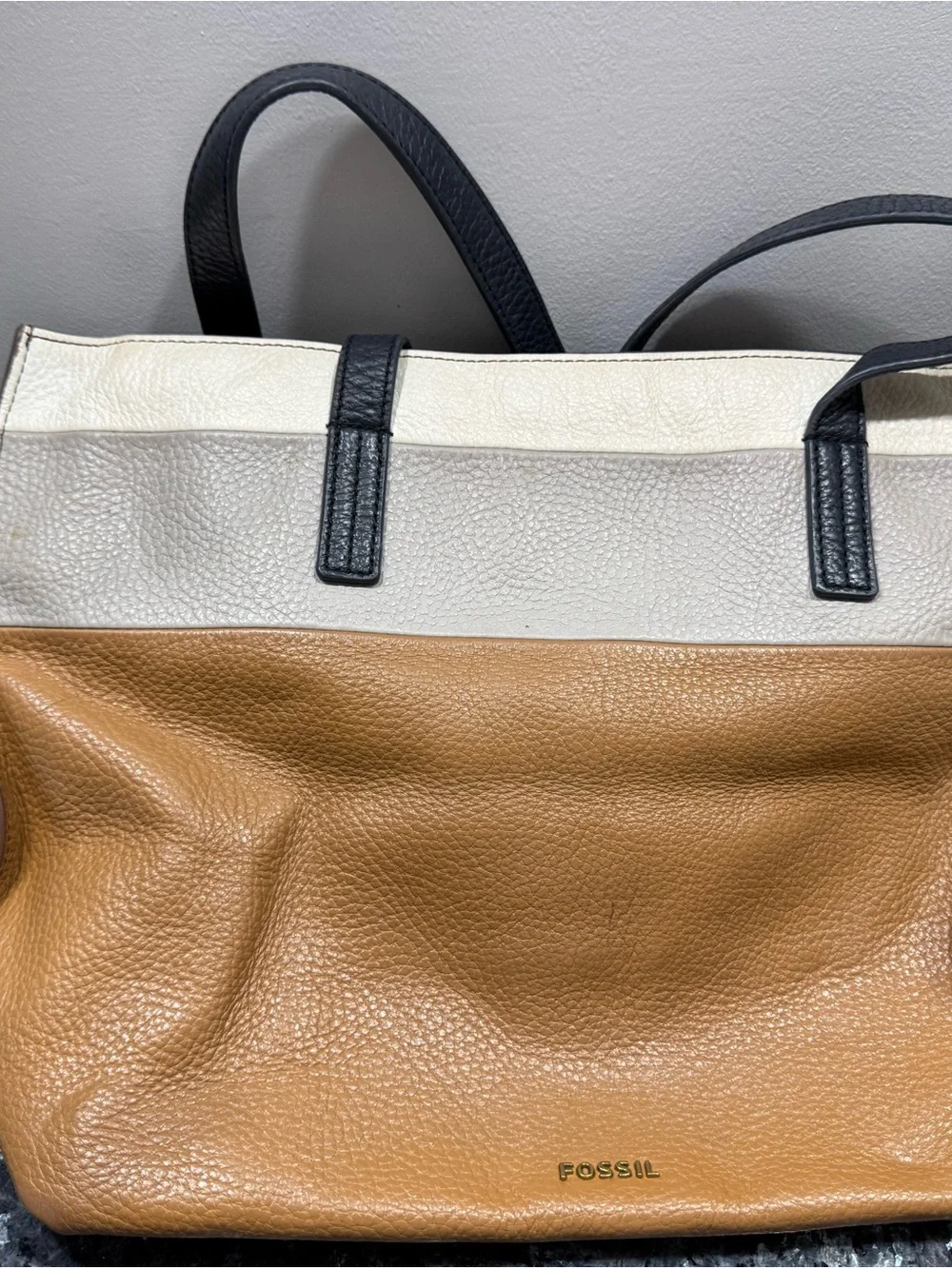 Fossil Tri-Panel Leather Tote in Tan, Cream & Gray with Black Straps